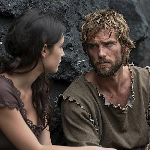 Intense Conversation Between Man and Woman in Tattered Clothing