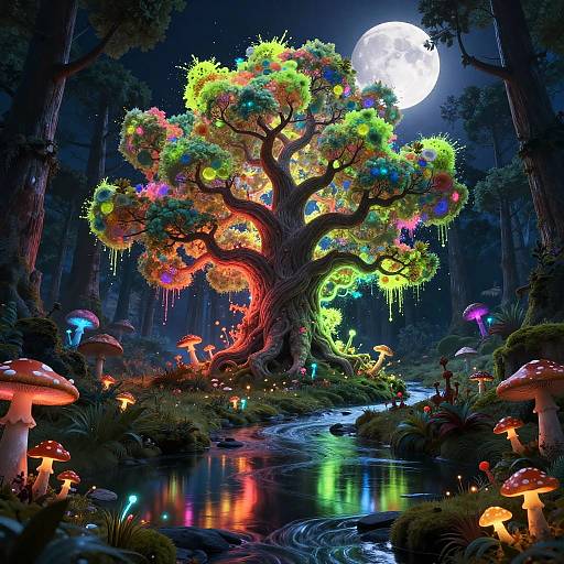 Neon Bioluminescent Tree in Magical Forest
