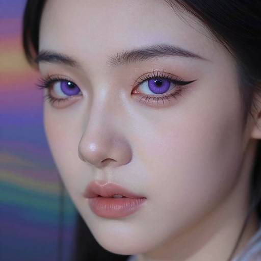Close-up photograph of an Asian woman with fair skin, striking purple eyes, black eyeliner, and natural brown hair against a colorful gradient background.