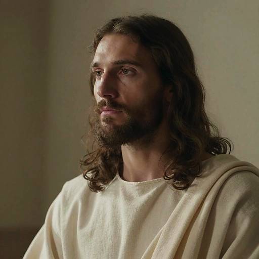 Photograph of a bearded man with long brown hair, wearing a cream-colored robe, gazing thoughtfully into the distance. Soft, natural light