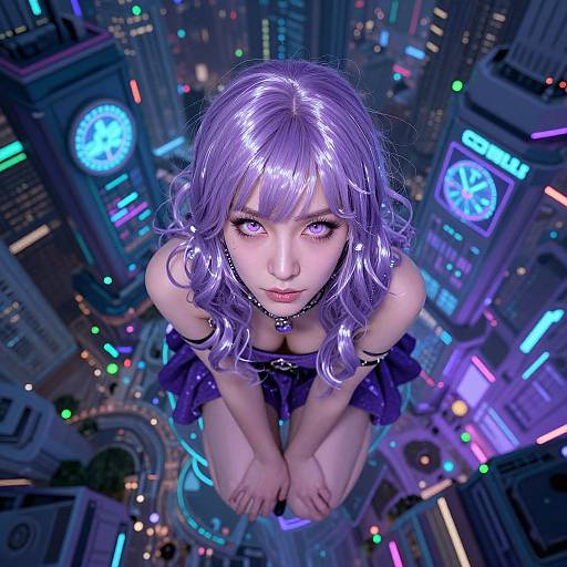 Digital artwork of a purple-haired anime girl with large eyes, wearing a dark purple outfit, crouching in a vibrant, futuristic cityscape with neon