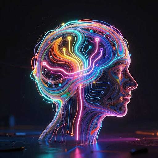 Neon-lit, colorful, wireframe human head silhouette in profile, glowing with vibrant blue, pink, orange, and yellow lights against a dark