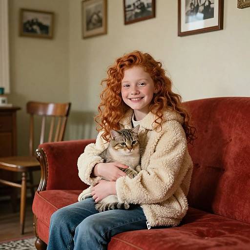 Photograph of a smiling red-haired girl with curly hair, wearing a fluffy beige jacket, sitting on a red velvet couch, holding a cat, in
