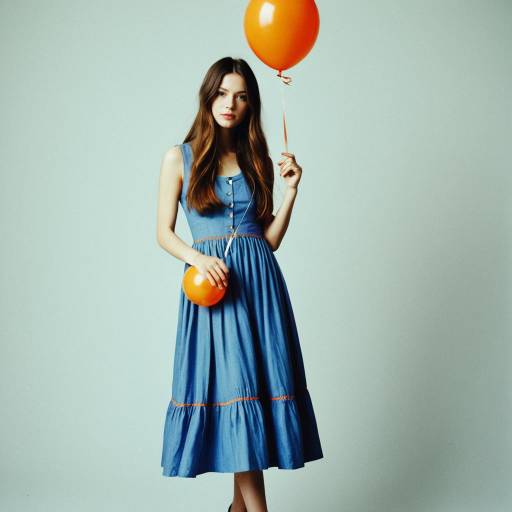 Young Woman in Blue Sundress Holding Orange Balloons
