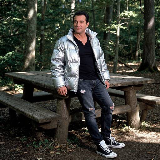 Photograph of a smiling man with dark hair, wearing a shiny silver jacket, black shirt, ripped jeans, and black sneakers, sitting on a wooden