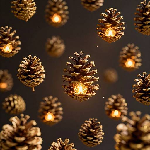 Photograph of golden-brown pinecones with small glowing lights inside, floating against a dark background, creating a warm, festive atmosphere.