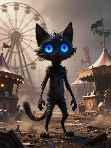 Digital artwork of a furry, black, cat-like creature with glowing blue eyes standing in a dusty, carnival setting with a Ferris wheel and colorful booths
