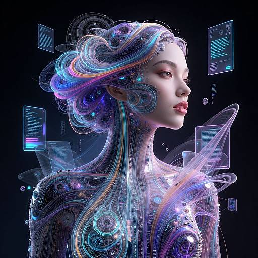 Digital art of a futuristic, ethereal woman with glowing, multicolored, circuit-like hair and transparent, holographic elements against a black background.