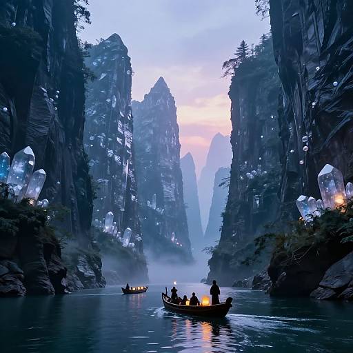 Fantasy CGI scene of a serene, misty canyon at twilight, illuminated by glowing lanterns, with two wooden boats carrying people floating on a reflective