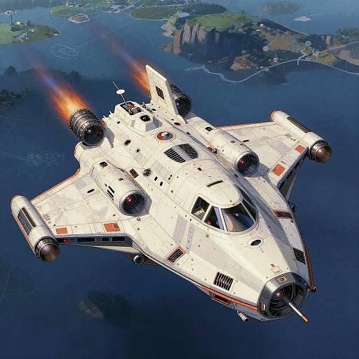 Photorealistic CGI of a white, dual-engine Star Wars X-wing fighter, flames in engines, flying over a detailed coastal landscape.