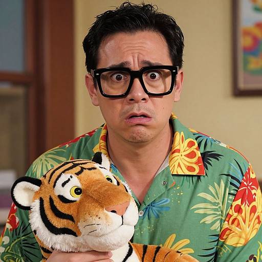 Photograph of a surprised man with black-rimmed glasses, wearing a green tropical shirt, holding a plush tiger toy. Background shows a blurred interior