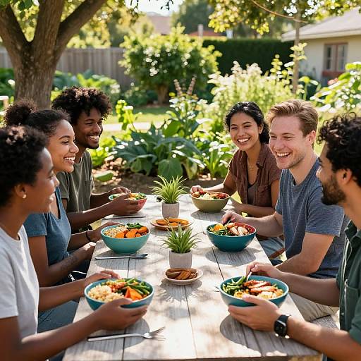 Photograph of diverse, smiling friends enjoying a sunny outdoor garden meal, surrounded by lush greenery and vibrant vegetables on a wooden table.