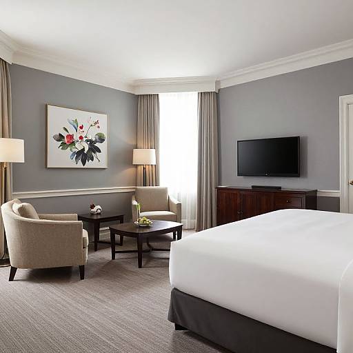 Modern hotel room photograph: gray walls, white bed, beige armchair, dark wood dresser, flat-screen TV, floral painting, two lamps, carpet