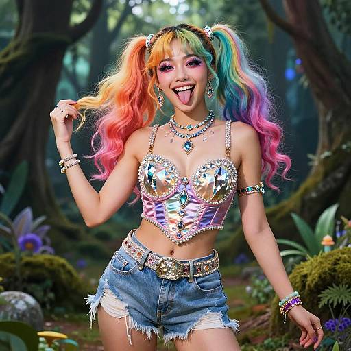 Vibrant photograph of a young woman with rainbow pigtails, sparkling crop top, and distressed denim shorts, sticking out her tongue in a lush