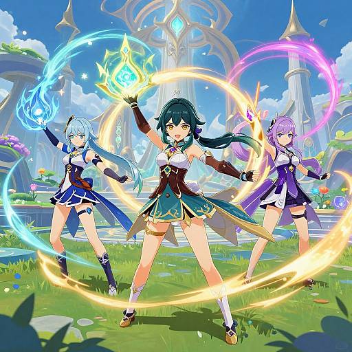 Digital anime artwork of three magical girls casting elemental spells in a vibrant, fantasy landscape with blue skies and floating ruins.