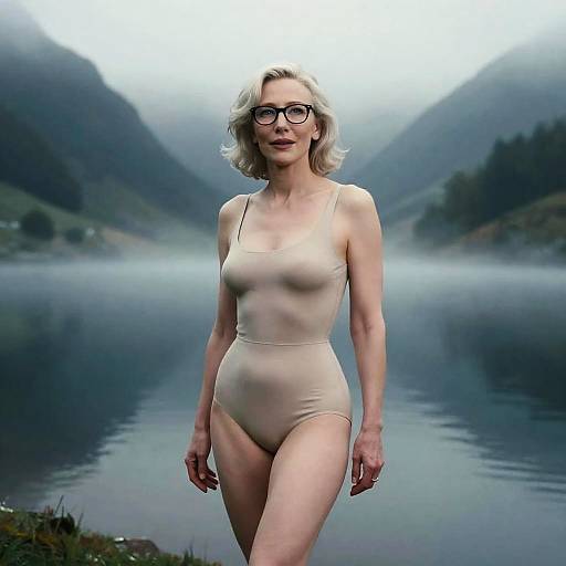 Glamorous Silver-Haired Woman by Alpine Lake