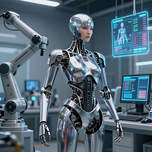 Photorealistic CGI of a shiny, female humanoid robot with metallic skin in a futuristic lab, surrounded by monitors and machinery.