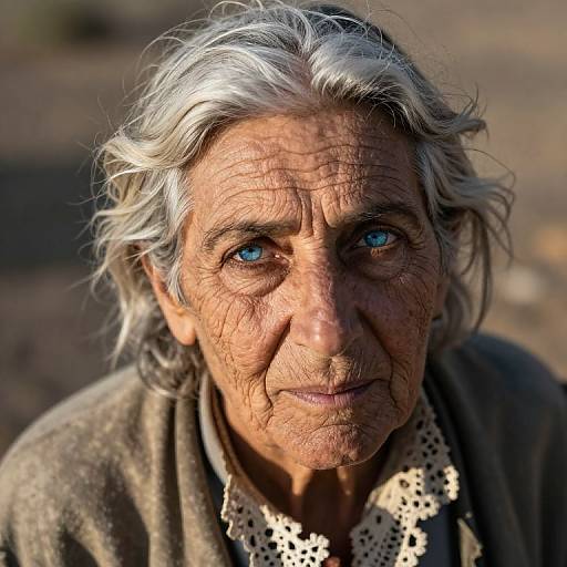 Photograph of an elderly woman with wrinkled, sun-weathered skin, silver-gray wavy hair, striking blue eyes, and a gentle expression