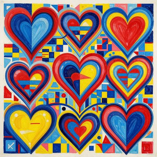 Vivid, cubist-style digital painting of nine colorful hearts in blue, red, and yellow, with abstract geometric background. Bold, vibrant, and