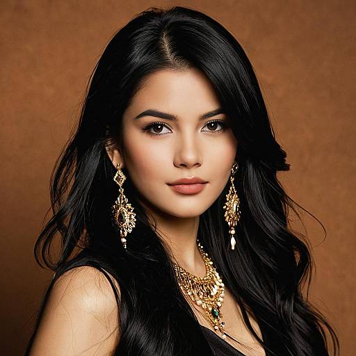 Portrait of Woman with Black Hair and Gold Jewelry