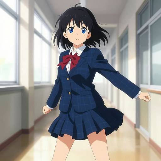 Anime Schoolgirl in Bright Corridor