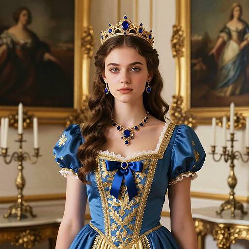 Photograph of a young woman with fair skin and long brown hair, wearing a blue and gold royal gown, tiara, and necklace, standing in