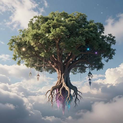Digital art of a magical tree with glowing orbs, hanging lanterns, and colorful roots, floating above a cloud-filled sky.