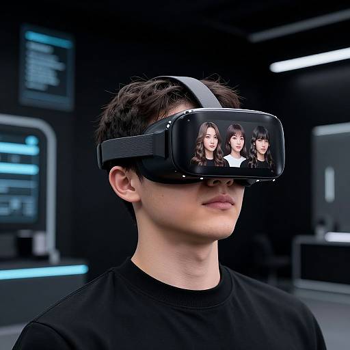 Photograph of an Asian man with short, messy black hair wearing a black VR headset displaying three women's faces, in a futuristic, dimly-l