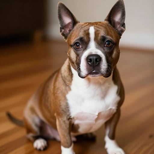 Photograph of a brown and white Boston Terrier with large ears, sitting on wooden floor, looking directly at the camera.