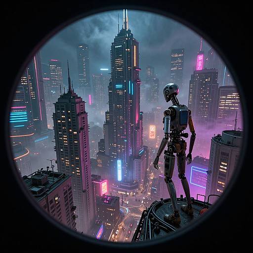 Cyborg standing on rooftop, overlooking neon-lit futuristic cityscape through circular window; towering skyscrapers with vibrant lights and misty sky.