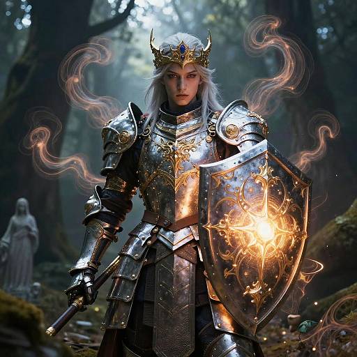 Digital fantasy artwork of a fierce, silver-haired female warrior in ornate, glowing armor with a fiery shield, standing in a mystical forest with a statue