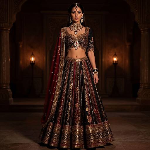 Photograph of an elegant Indian woman in a dark red and gold traditional lehenga with intricate embroidery, jeweled necklace, and headpiece, standing in