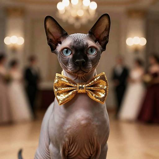 Sphynx Cat in Gold Bowtie Portrait