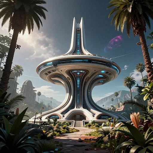 Photorealistic CGI of a futuristic, silver, spaceship-like building with a unique, twisted design, surrounded by lush palm trees and vibrant plants under a