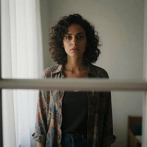 Woman with Curly Hair Standing Behind Window