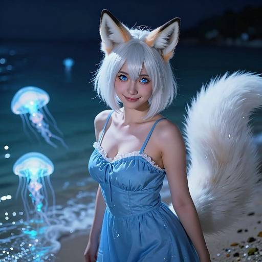 Digital artwork of a cute, blue-eyed, white-haired fox girl with large ears and fluffy tail, wearing a blue sundress, standing on a moon