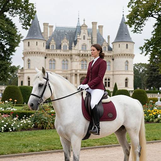 Elegant Woman on White Horse by Castle