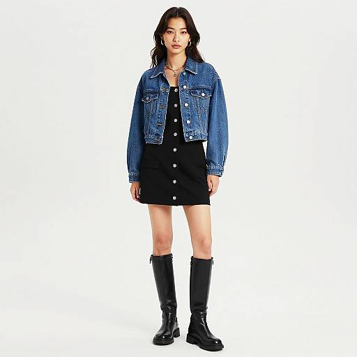 Photograph of an Asian woman with shoulder-length black hair, wearing a blue denim jacket, black dress with buttons, and black knee-high boots, standing