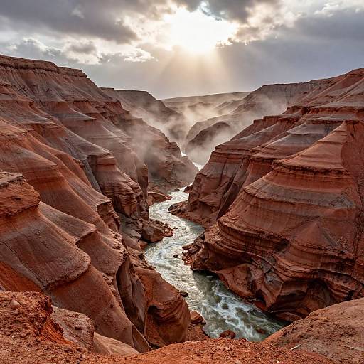 Photograph of a dramatic, sunlit canyon with red sandstone cliffs, a winding river, and mist rising from the water. Clouds partially obscure