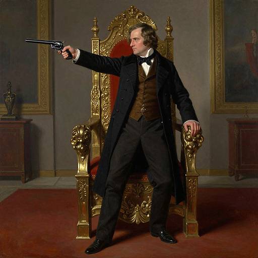 Photograph of a stern, 18th-century man in a black coat, brown vest, and white cravat, pointing a pistol while seated