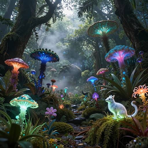 Digital fantasy artwork of a magical forest with glowing, multicolored mushrooms, a luminescent white fox, and misty sunlight filtering through trees.