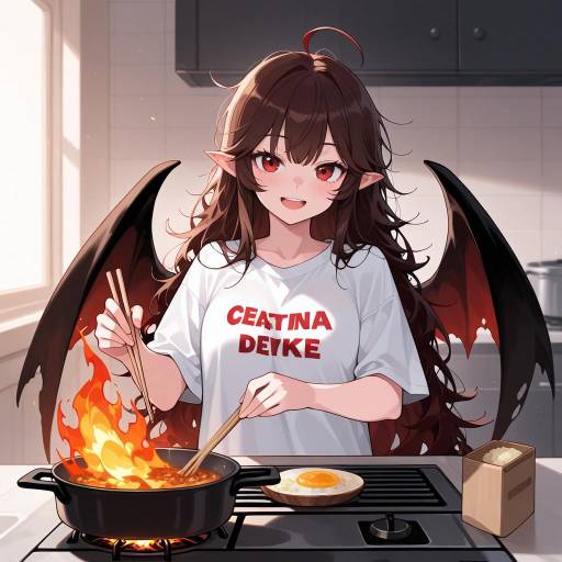 Cute Cat Girl Cooking in Kitchen