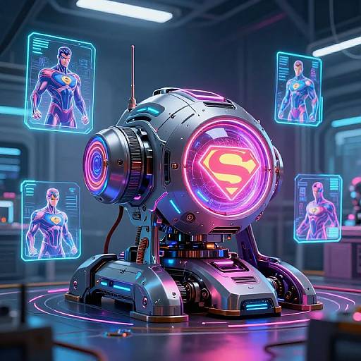 Digital artwork of a futuristic, glowing robotic device with a neon Superman emblem, surrounded by holographic images of a muscular, superhero-like figure in a blue