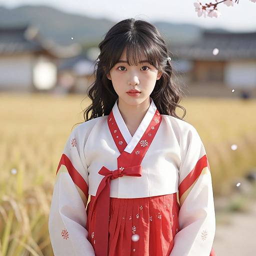 Photograph of an East Asian woman with long, wavy black hair, wearing a traditional white and red Korean hanbok, standing in a sun