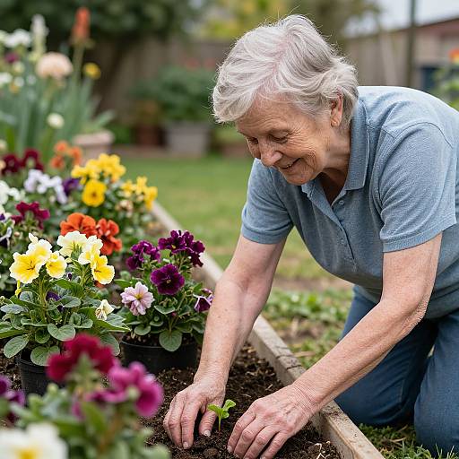 Photograph of an elderly woman with white hair, wearing a light blue polo shirt, tending to a vibrant flower bed with yellow, purple, and