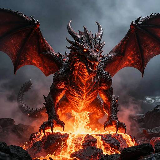 Digital artwork of a fierce, black-scaled dragon with glowing red eyes, large wings, and sharp horns, standing on a fiery, rocky mound amidst