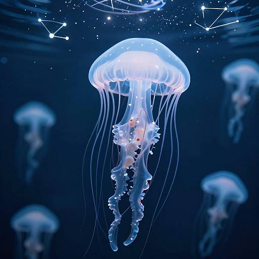 Photograph of glowing, translucent jellyfish with long, flowing tentacles in a dark blue underwater scene, surrounded by smaller jellyfish and sparkling stars.