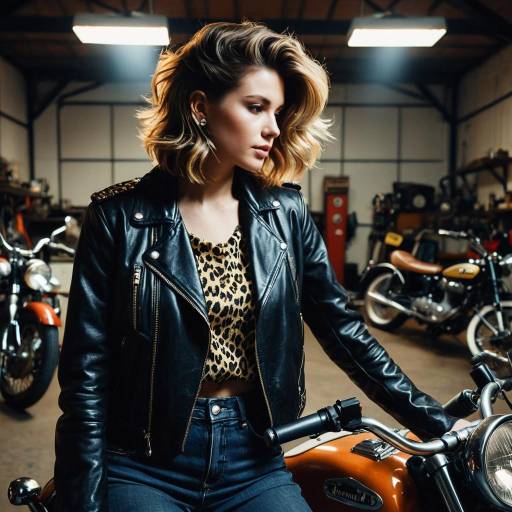 Woman with Retro Shag Hairstyle in Motorcycle Garage Woman with Retro Shag Hairstyle in Motorcycle Garage