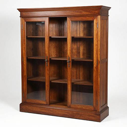 Photograph of a rich, dark brown wooden cabinet with glass doors, featuring four shelves and brass handles, showcasing a classic, traditional design.