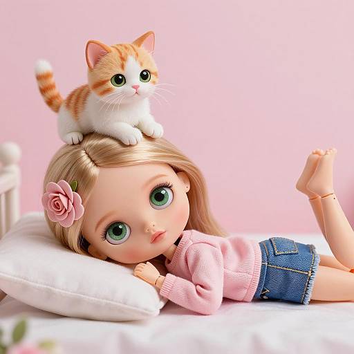 Blonde Doll with Kitten on Head